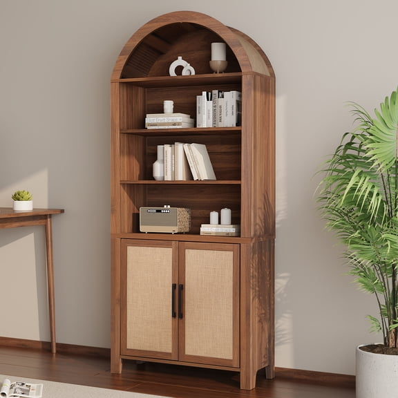 LEFHDA 71" Tall Bookshelf, Arched Bookcase with Doors, Mid-Century Modern 6-Tier Bookshelf with Storage, Rattan Open Display Storage Shelf Bookshelf for Living Room Bedroom & Classroom(walnut)