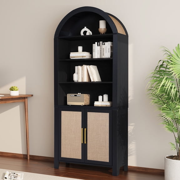 LEFHDA 71" Tall Bookshelf, Arched Bookcase with Doors, Mid-Century Modern 6-Tier Bookshelf with Storage, Rattan Open Display Storage Shelf Bookshelf for Living Room Bedroom & Classroom(Black)