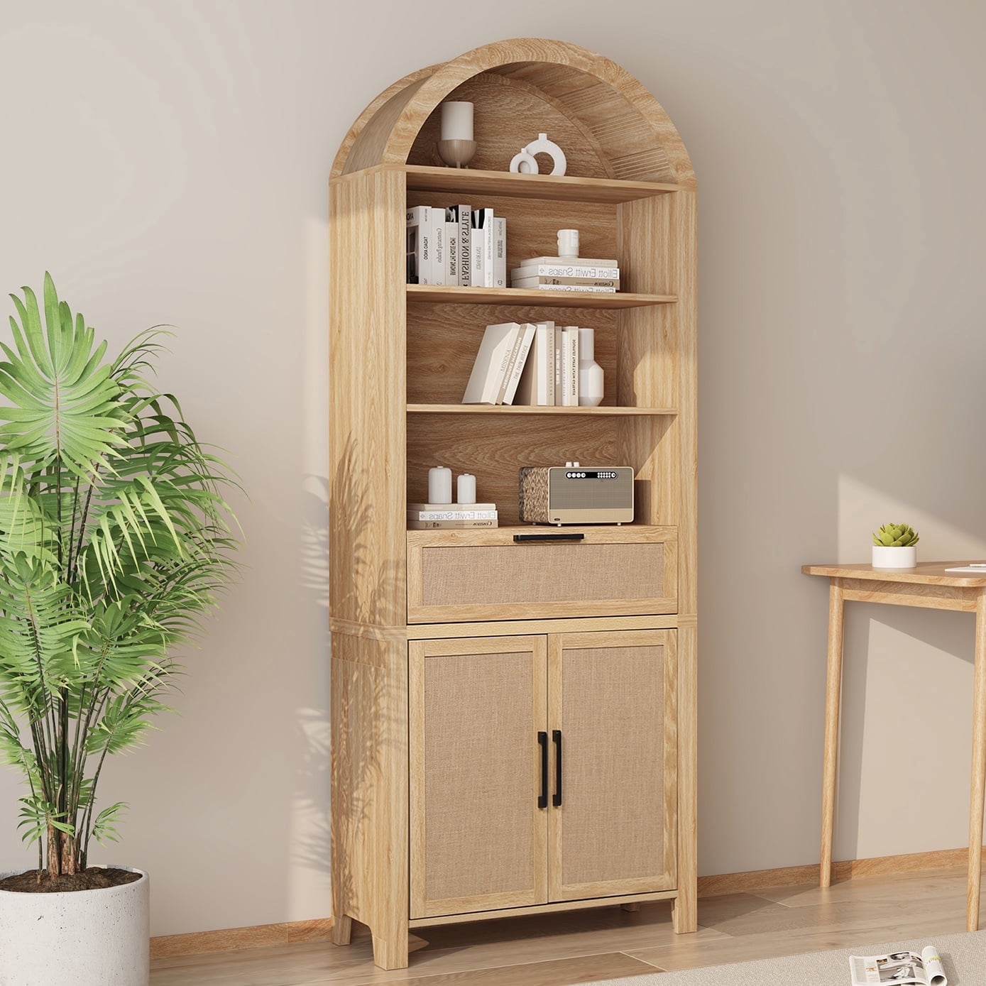 LEFHDA 78" Tall Bookshelf, Arched Bookcase with Drawers, Boho 6-Tier Bookshelf with Storage, Rattan Open Display Storage Shelf Bookshelf for Living Room Bedroom & Classroom(Oak)