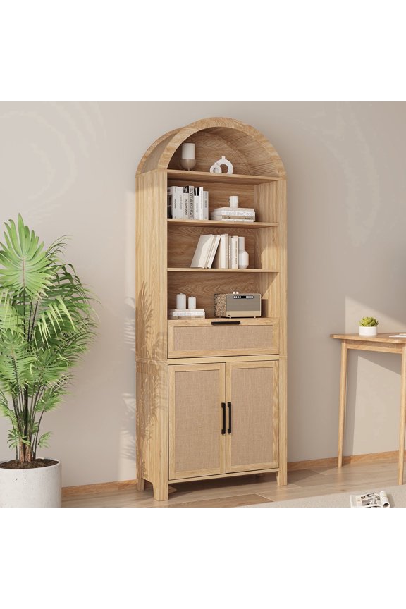78" Tall Bookshelf, Arched Bookcase with Drawers, Boho 6-Tier Bookshelf with Storage, Rattan Open Display Storage Shelf Bookshelf for Living Room Bedroom & Classroom(Oak)