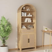 LEFHDA 78" Tall Bookshelf, Arched Bookcase with Drawers, Boho 6-Tier Bookshelf with Storage, Rattan Open Display Storage Shelf Bookshelf for Living Room Bedroom & Classroom(Oak)