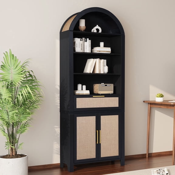 LEFHDA 78" Tall Bookshelf, Arched Bookcase with Drawers, Mid-Century Modern 6-Tier Bookshelf with Storage, Rattan Open Display Storage Shelf Bookshelf for Living Room Bedroom & Classroom(Black)