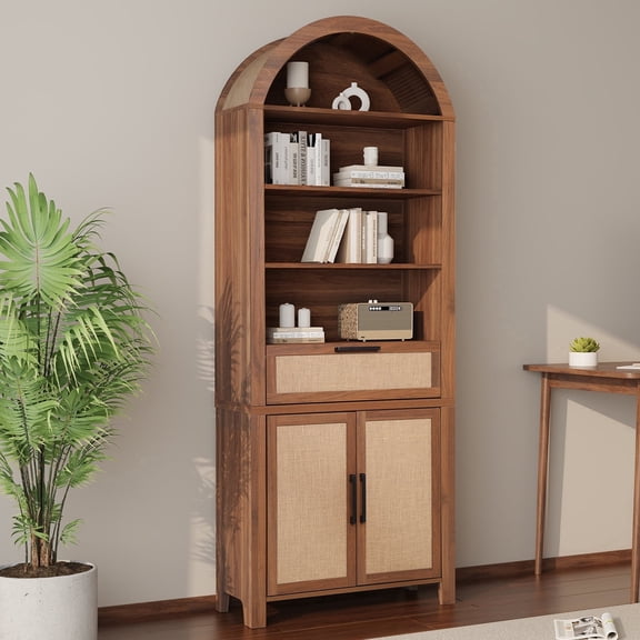 LEFHDA 78" Tall Bookshelf, Arched Bookcase with Drawers, Mid-Century Modern 6-Tier Bookshelf with Storage, Rattan Open Display Storage Shelf Bookshelf for Living Room Bedroom & Classroom(walnut)