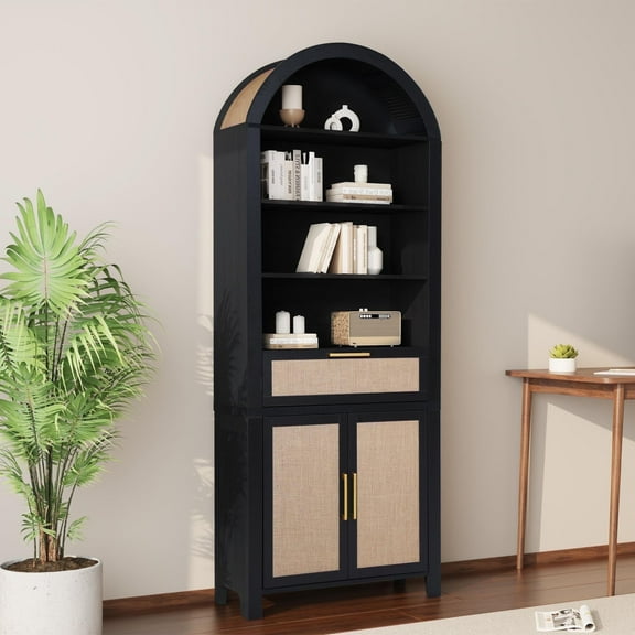 LEFHDA 78" Tall Bookshelf, Arched Bookcase with Drawers, Mid-Century Modern 6-Tier Bookshelf with Storage, Rattan Open Display Storage Shelf Bookshelf for Living Room Bedroom & Classroom(Black)