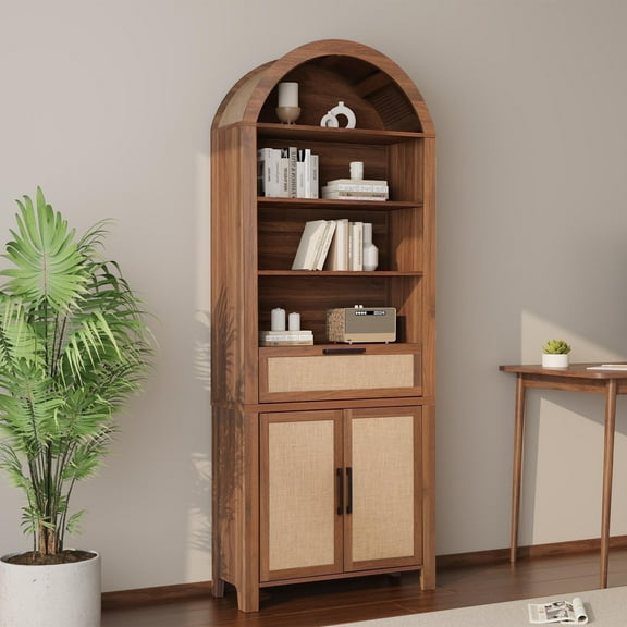 LEFHDA 78" Tall Bookshelf, Arched Bookcase with Drawers, Mid-Century Modern 6-Tier Bookshelf with Storage, Rattan Open Display Storage Shelf Bookshelf for Living Room Bedroom & Classroom(walnut)