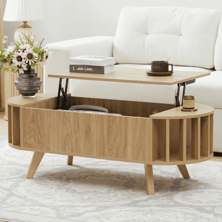 LEFHDA Lift Top Coffee Table with Storage, Small End Table with Adjustable Edge Design, Oval Center Table and Tabletop for Living Room, Office (Oak 47")