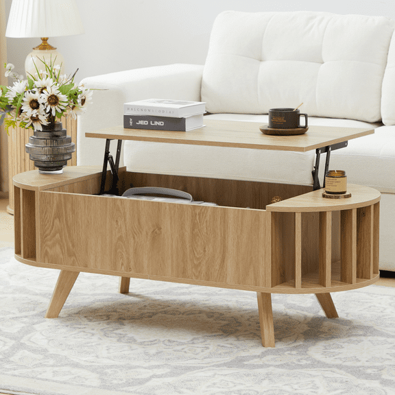 LEFHDA Lift Top Coffee Table with Storage, Small End Table with Adjustable Edge Design, Oval Center Table and Tabletop for Living Room, Office (Oak 47")