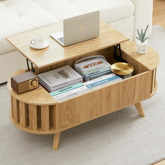LEFHDA Lift Top Coffee Table with Storage, Small End Table with Adjustable Edge Design, Oval Center Table and Tabletop for Living Room, Office (Oak 47")