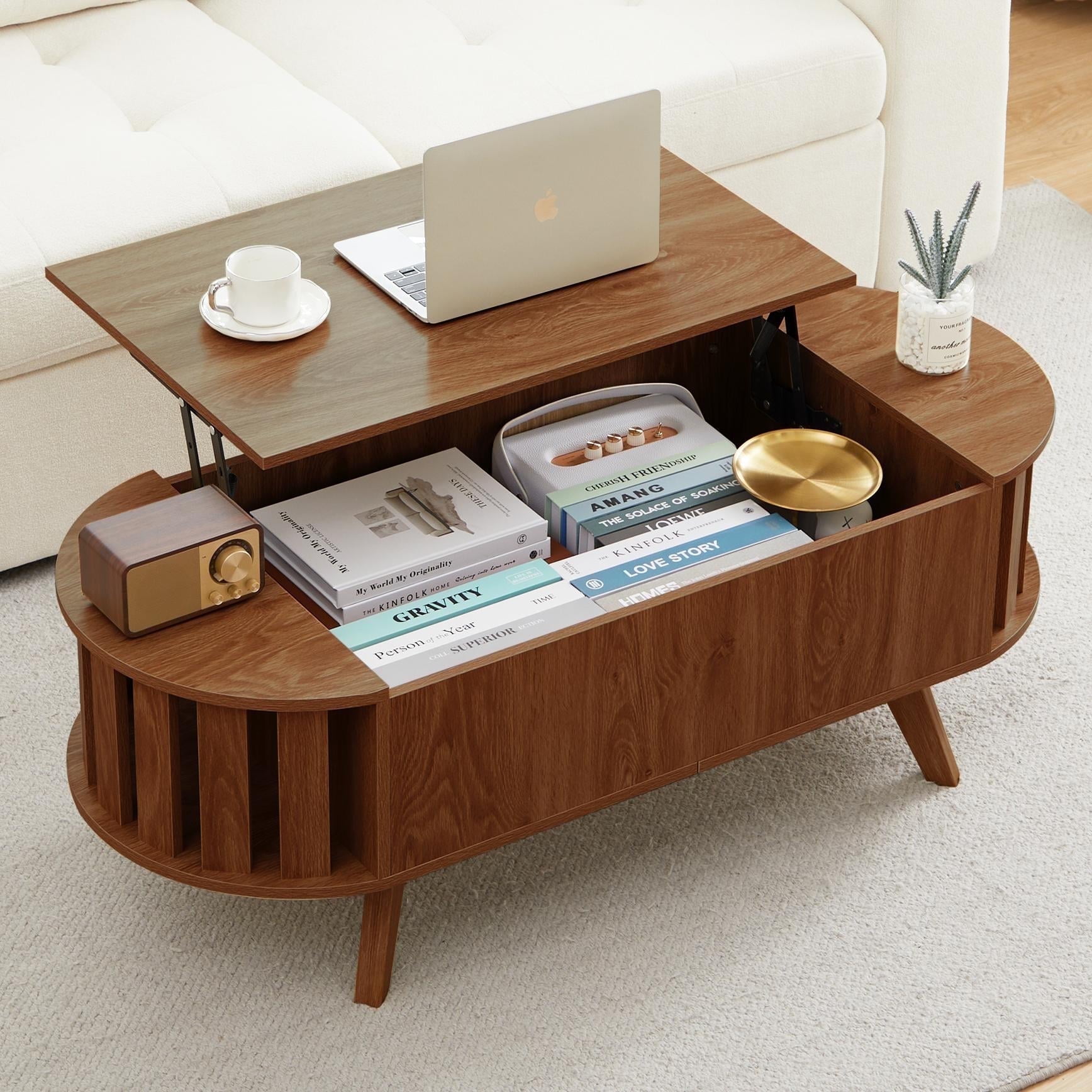 LEFHDA Lift Top Coffee Table with Storage, Small End Table with Adjustable Edge Design, Oval Center Table and Tabletop for Living Room, Office (Walnut 47") - Walmart.com