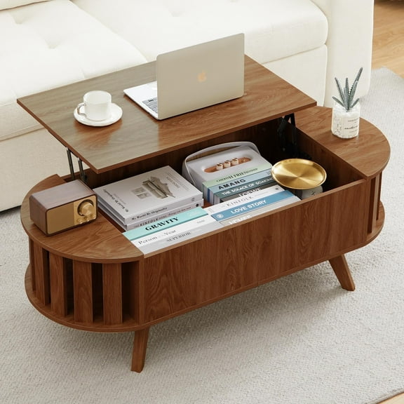 LEFHDA Lift Top Coffee Table with Storage, Small End Table with Adjustable Edge Design, Oval Center Table and Tabletop for Living Room, Office (Walnut 47")