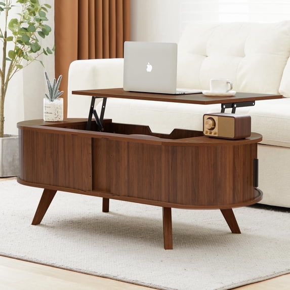 LEFHDA Lift Top Coffee Table, Modern Small Coffee Table with Storage, 47.2" Oval Coffee Table with Sliding Tambour Door, Wood End Table for Living Room (brown)