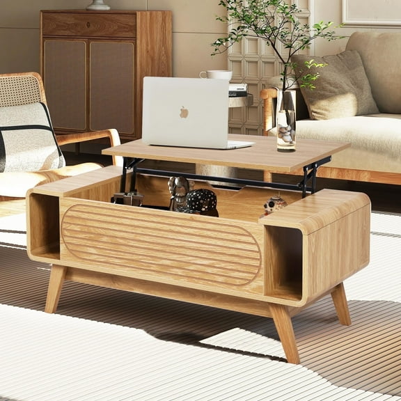 LEFHDA Lift Top Square Coffee Table, 39.3" Small Modern Coffee Table with Storage, Fluted Square Curved Edges End Table, Wooden Rectangle Center Table for Living Room(Nature)