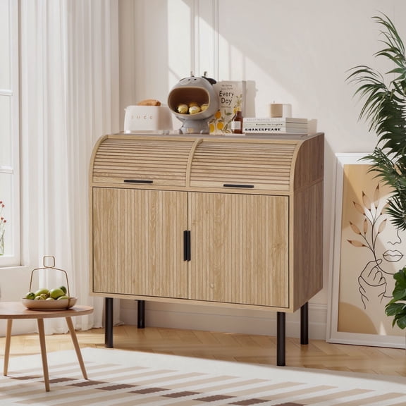 LEFHDA Small Buffet Cabinet, 31" Sideboard with Fluted Design, Treasure Concealed Storage Cabinet for Living Room, Dining Room, Kitchen (Oak)