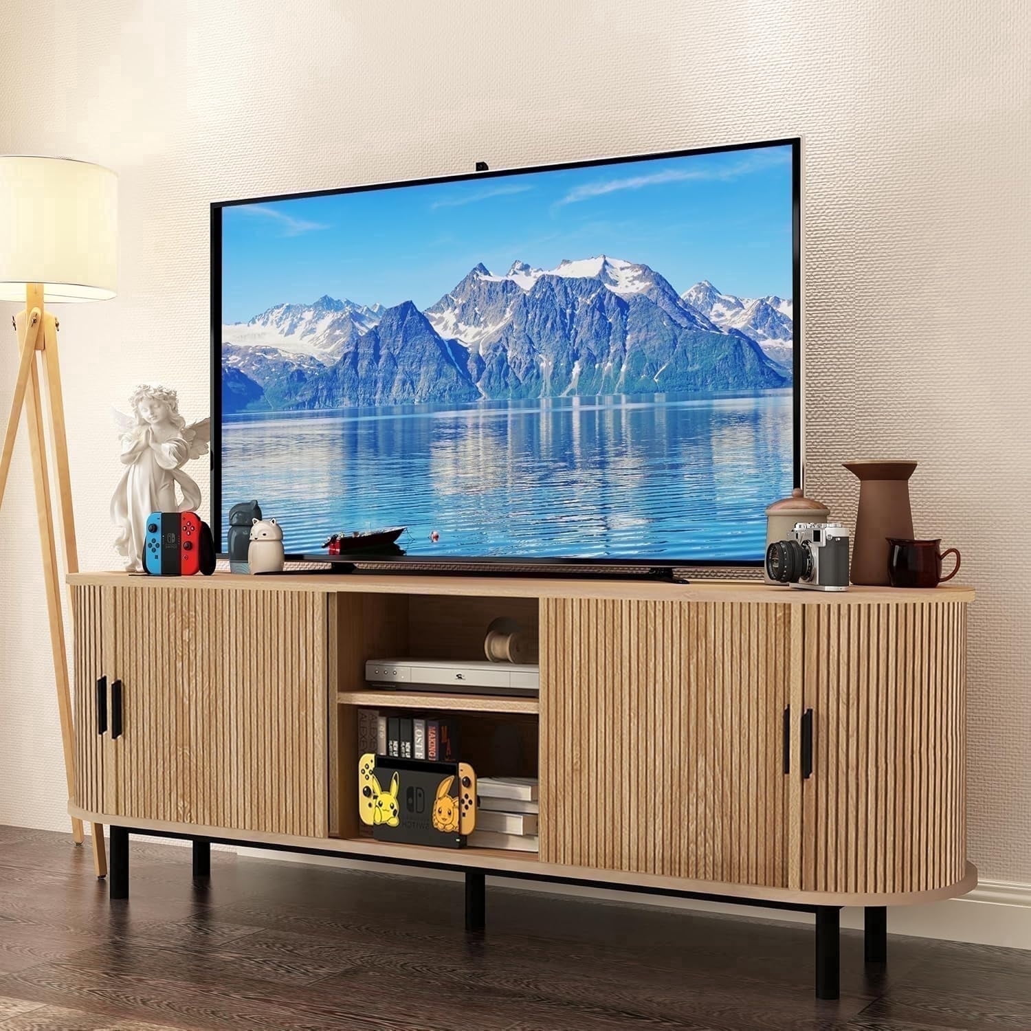 LEFHDA 62 Inch TV Stand, Storage Cabinet, Tambour Door, Modern Wood ...