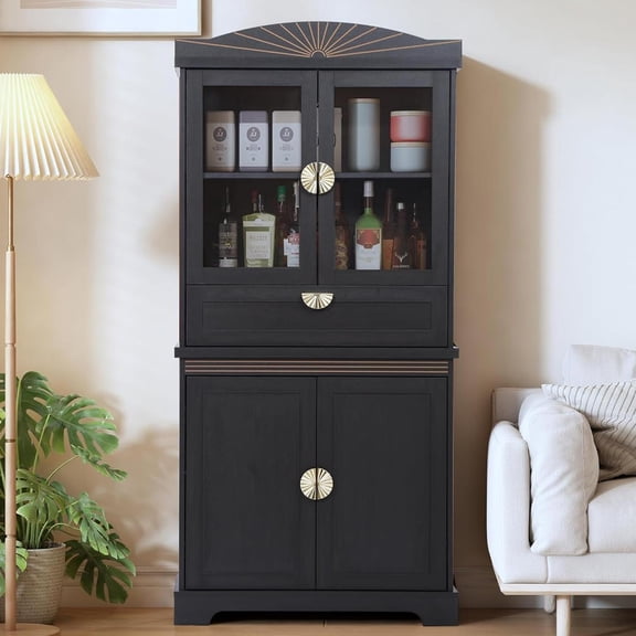 LEFHDA Rectangular Mid-century Modern Cabinet, Storage Bookcase with Glass Doors, Tall Display Cabinet, Drawer and Adjustable Shelves, Wood Pantry for living Room & Office