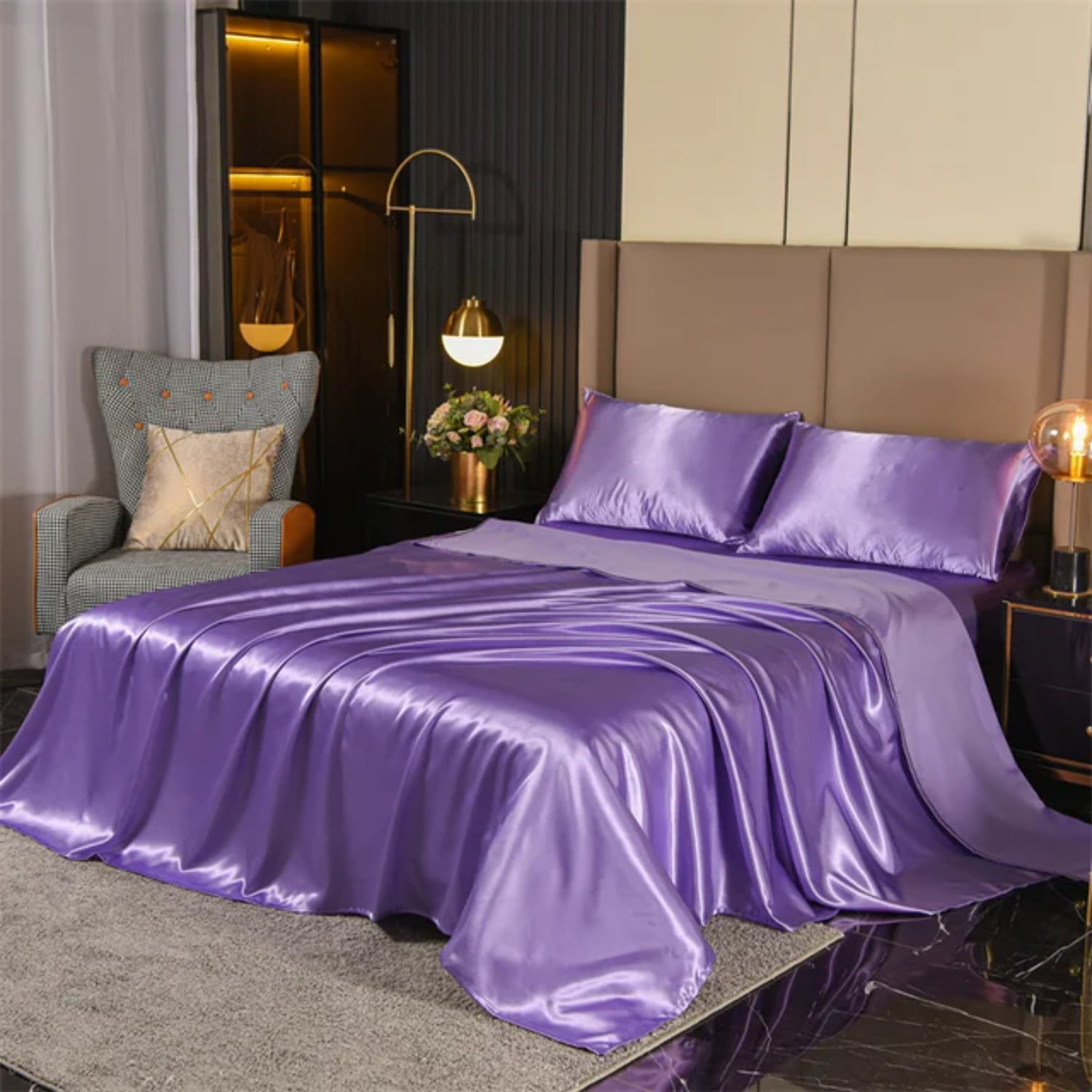 Queen Purple Satin and Microfiber Bed Sheet Set