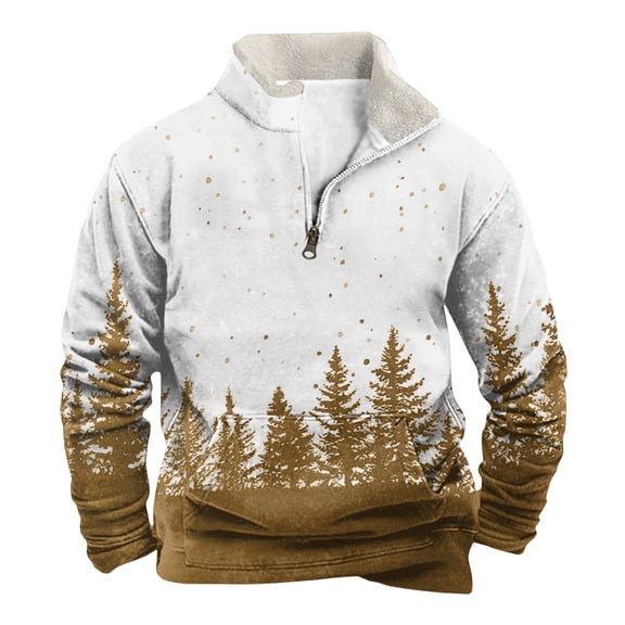 QHRMKOG 2025 Christmas Sweatshirt Men Trendy Snowflake Print Stand Up Collar Sweater Loose Fit Long Sleeve Quarter Zip Sweatshirt Autumn Top with Pockets Yellow L