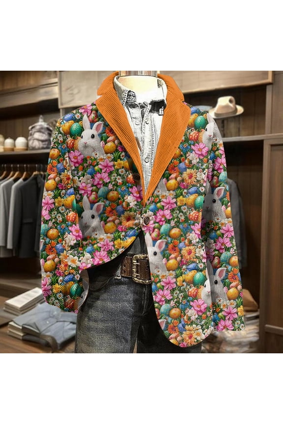 2026 Easter Jacket for Men Fashion Easter Egg Graphic Party Blazers Relaxed Fit Festival Corduroy Button Suit Jackets Spring Comfort Jacket Yellow 3XL