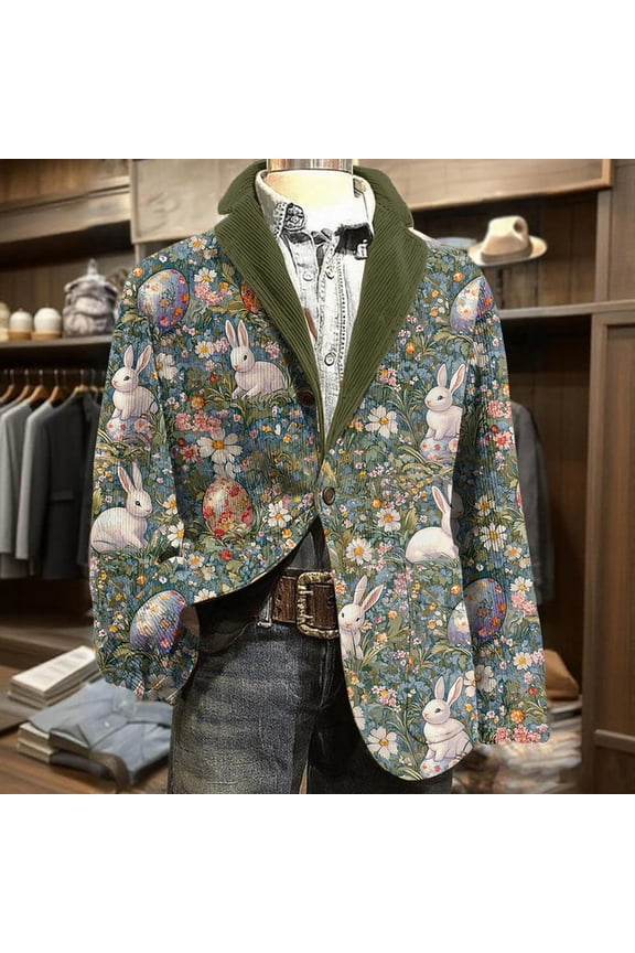 2026 Easter Mens Suit Jacket Loose Fit Rabbit Graphic Business Blazer Autumn Warm Midweight Corduroy Button Suit Jackets Trendy Holiday Jacket Green 2XL