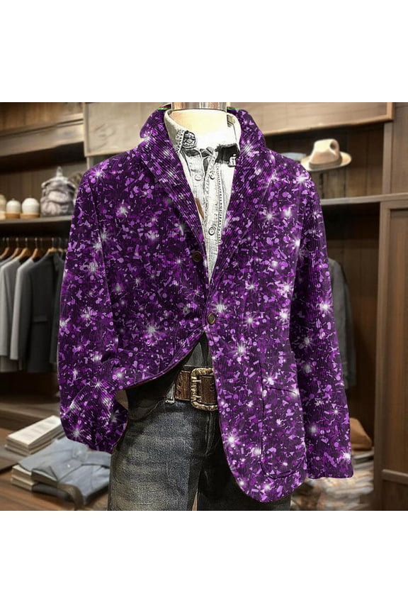 2026 Mardi Gras Blazer for Men Loose Fit Carnival Graphic Suit Jacket Festive Streetwear Corduroy Button Blazer Fall Casual Warm Jacket Purple XL