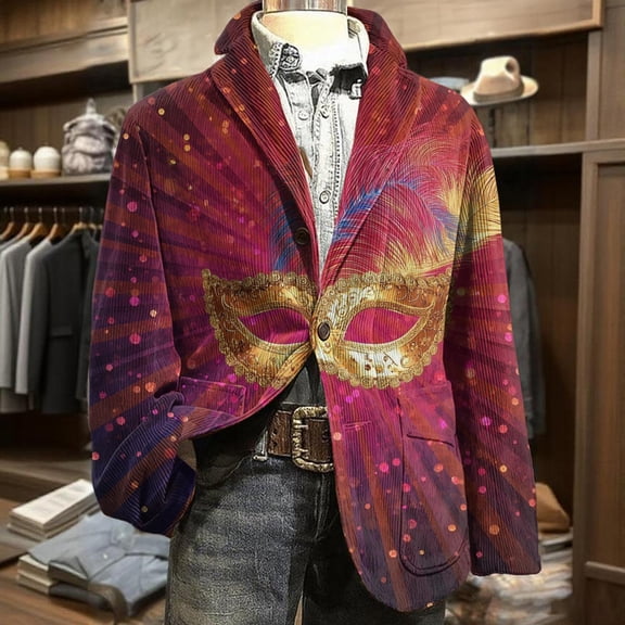QHRMKOG 2026 Mardi Gras Men's Blazer Carnival Graphic Button Suit Jackets Relaxed Fit Holiday Party Corduroy Blazers Autumn Trendy Warm Jacket Red M