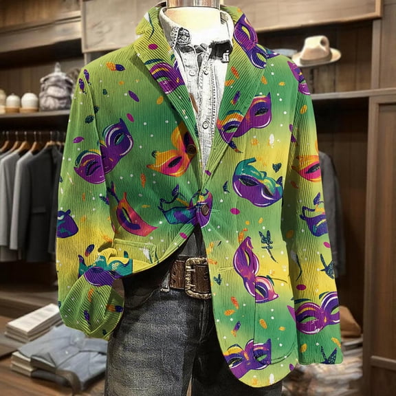 QHRMKOG 2026 Mardi Gras Men's Blazer Carnival Print Button Suit Jacket Loose Fit Festive Streetwear Corduroy Blazer Autumn Fashion Warm Jackets Green M