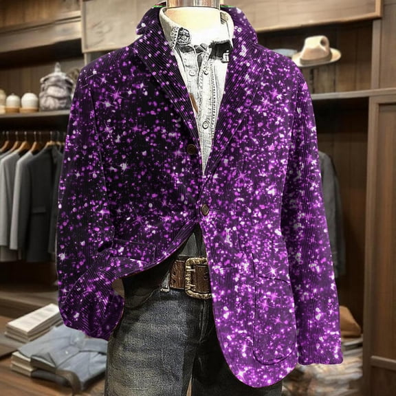QHRMKOG 2026 Mens Mardi Gras Blazer Relaxed Fit Carnival Print Suit Jackets Festive Party Corduroy Button Blazers Autumn Fashion Warm Jacket Purple 2XL