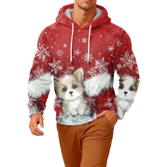 QHRMKOG 2026 New Christmans Mens Flannel Hoodie Long Sleeve Xmas Graphic Hooded Sweatshirts Relaxed Fit Warm Hoodie Winter Fashion Pullover Top with Pockets Red 3XL