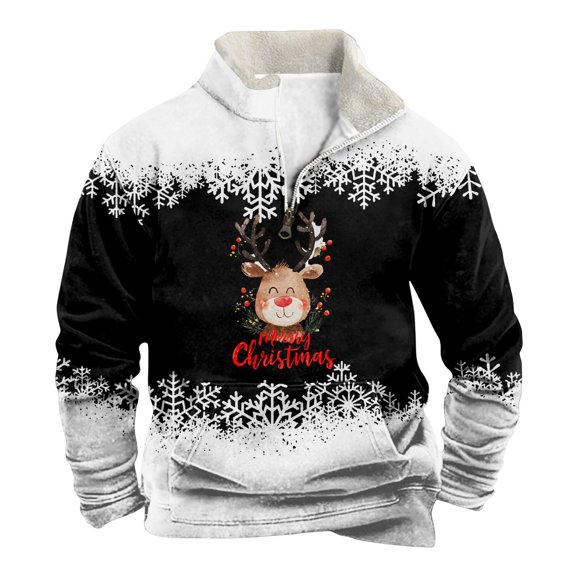 QHRMKOG 2026 New Christmas Sweatshirt Men Trendy Xmas Print Stand Up Collar Sweaters Relaxed Fit Long Sleeve Half Zip Sweatshirt Autumn Tops with Pockets Black 2XL