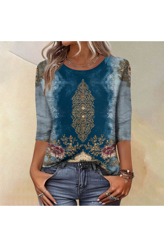 3/4 Length Sleeve Womens Tops Loose Fit Floral Element Tshirts 2026 Retro Round Necl Shirt Spring Fashion Tunic Top Blue S