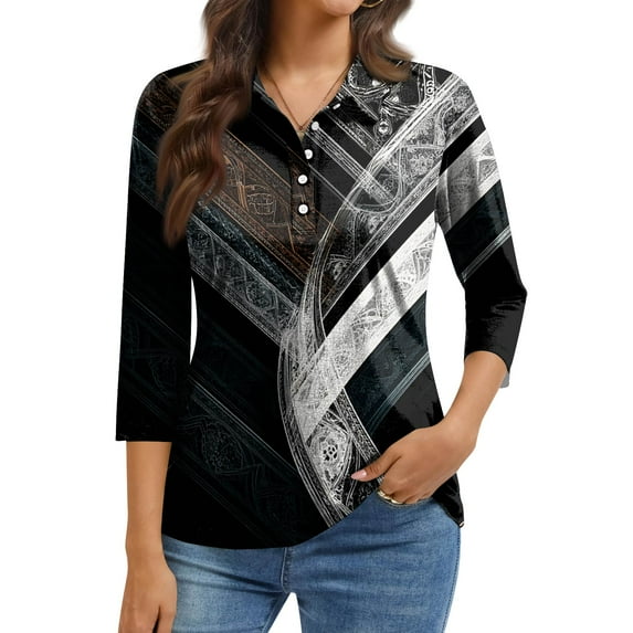 QHRMKOG 3/4 Sleeve Polo Shirts for Women Retro Collared Golf Shirt Relaxed Fit Office Button Down Polo Shirts Spring Casual Tops Black S