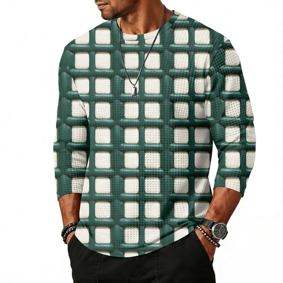 QHRMKOG 3/4 Sleeve Shirt Men 2026 Fashion Plaid Round Neck Tshirt Loose Fit Breathable Shirts Spring Outdoor Tops Green M
