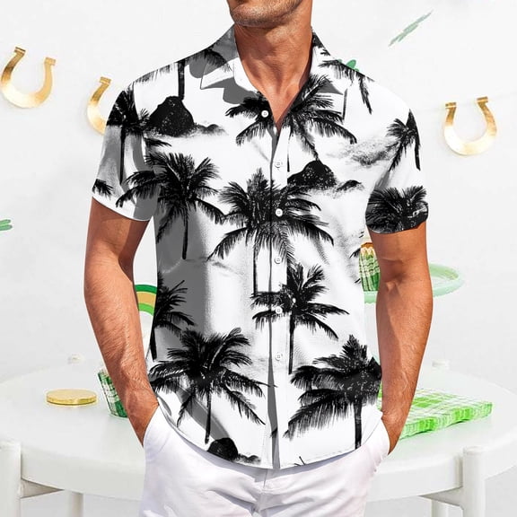 QHRMKOG Beach Shirts for Men Loose Fit Tropical Print Short Sleeve Hawaiian Shirt Breathable Holiday Button Down Beach Shirt Summer Trendy Shirt Black XL