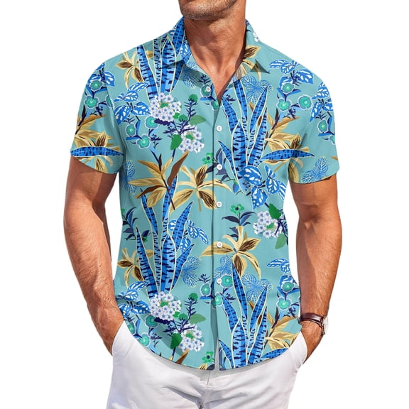 QHRMKOG Beach Shirts for Men Loose Fit Tropical Print Short Sleeve Hawaiian Shirt Breathable Holiday Button Down Beach Shirt Summer Casual Top Blue M