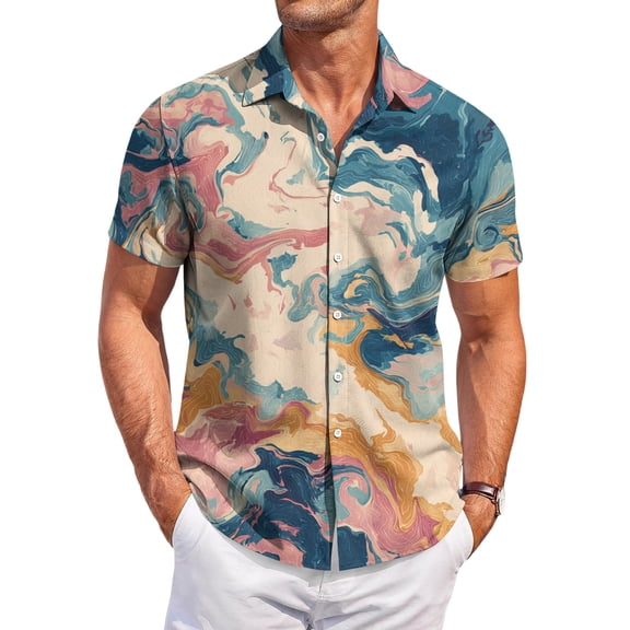 QHRMKOG Beach Shirts for Men Loose Fit Tropical Print Short Sleeve Hawaiian Shirt Light Holiday Button Beach Shirt Summer Fashion Shirts Brown L