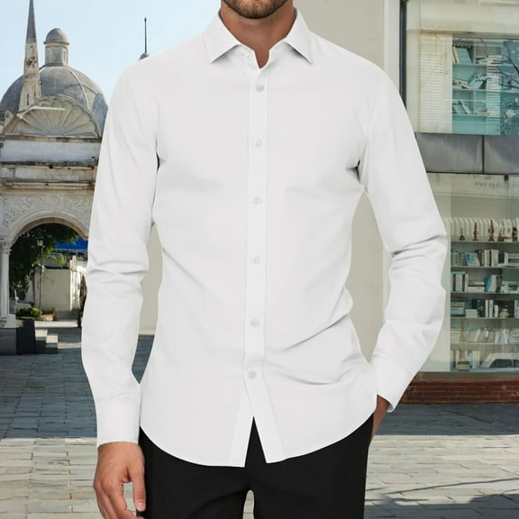 QHRMKOG Button Up Shirt Men Wrinkle Free Stretch Long Sleeve Shirts Slim Fit Formal Wedding Dress Shirts Trendy Solid Color Top White 3XL