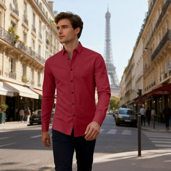 QHRMKOG Camisas Para Hombres Tailored Fit Stretch Wrinkle Free Button Up Long Sleeve Dress Shirt Fashion Formal Business Shirt Red 2XL