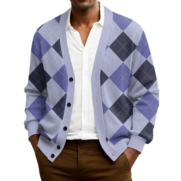 QHRMKOG Cardigan for Men Loose Fit Color Block Argyle Print Cardigan Sweater Vintage Long Sleeve V Neck Button Up Cardigans Aytumn Casual Knitted Ribbed Sweater Purple XL