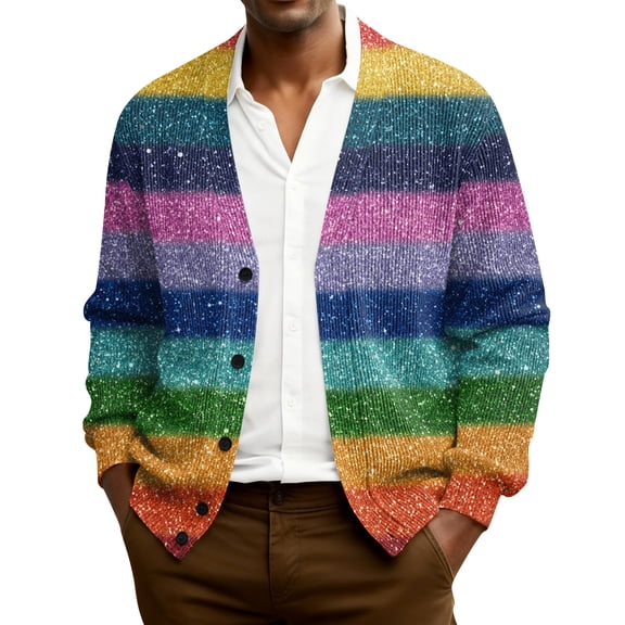 QHRMKOG Cardigan for Men Relaxed Fit Mardi Gras Carnival Print V Neck Cardigan Sweater Casual Long Sleeve Button Cardigans Fall Knit Sweaters Purple 4XL