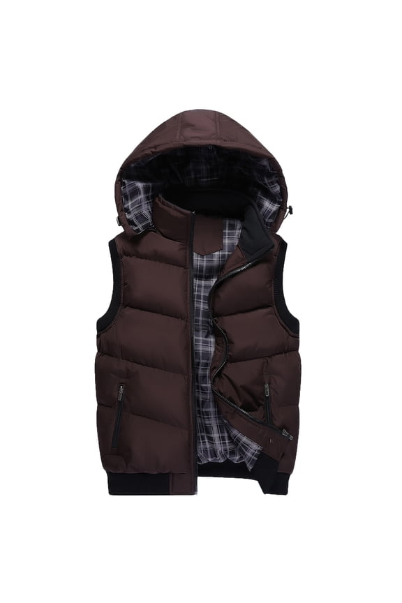 Chaleco Para Hombre Casual Basic Color Full Zip Sleeveless Hooded Vest with Pockets Relaxed Fit Warm Jackets Outdoor Clothes Brown 2XL