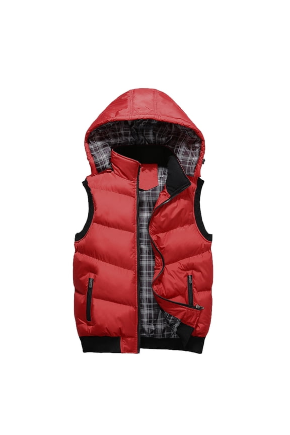 Chaleco Para Hombre Casual Basic Color Zipper Sleeveless Hooded Vests with Pockets Loose Fit Thermal Jackets Workout Outerwear Red M