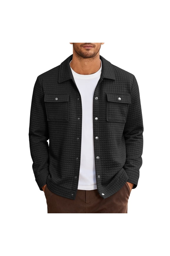 Chambray Shirt Men Loose Fit Long Sleeve Shackets with Flap Pockets Button Down Jacket Fashion Shirt Jackets Black 2XL