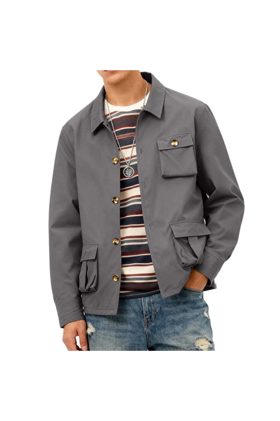 Chambray Shirt Men Loose Fit Long Sleeve Shackets with Flap Pockets Button Down Jackets Trendy Shirt Jacket Gray 3XL