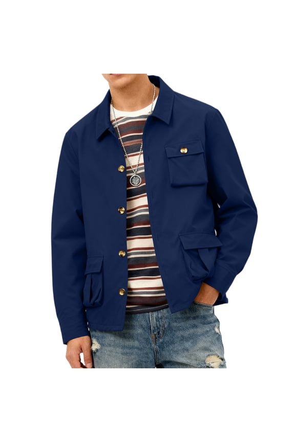 Chambray Shirt Men Relaxed Fit Long Sleeve Shacket with Flap Pockets Button Down Jackets Fashion Shirt Jackets Blue L