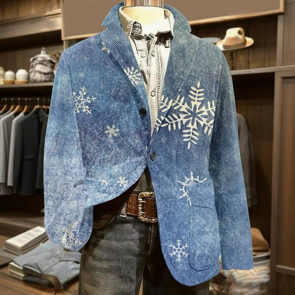 QHRMKOG Christmas Blazer Men Long Sleeve Funny Snowflake Print Corduroy Suit Jacket Single Breasted Sport Jackets Winter Trendy Coats Blue 2XL
