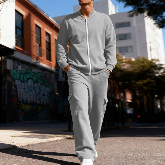 QHRMKOG Conjunto Deportivo Para Hombre Solid Color Full Zip Sweatshirt and Cargo Pants Set Outdoor Workout Top&cargao Pant Fashion Outfit Gray M