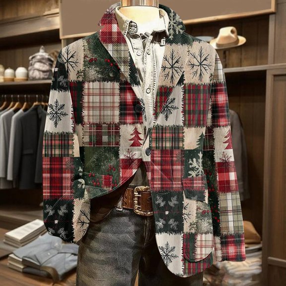 QHRMKOG Corduroy Jacket Men Long Sleeve Funny Santa Print Christmas Blazers Fashion Single Breasted Sport Suit Jacket Autumn Warm Coats Brown L