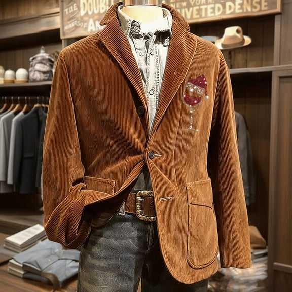 QHRMKOG Corduroy Jacket for Men Long Sleeve Funny Santa Print Christmas Blazers Trendy Single Breasted Formal Suit Jackets Winter Warm Coat Brown M