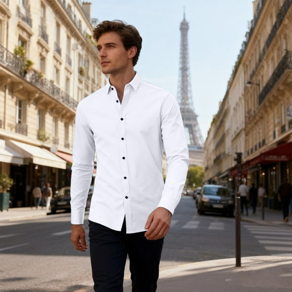 QHRMKOG Dress Shirts for Men Slim Fit Stretch Wrinkle Free Button Up Long Sleeve Dress Shirt Office Business Shirt White XL