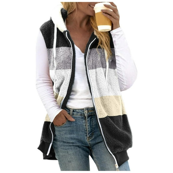 QHRMKOG Fleece Jacket for Women Zip Up Sleeveless Oversized Vest Fashion Fleece Winter Hooded Cardigans Soild Warm Lightweight Cardigan for Women, Black S